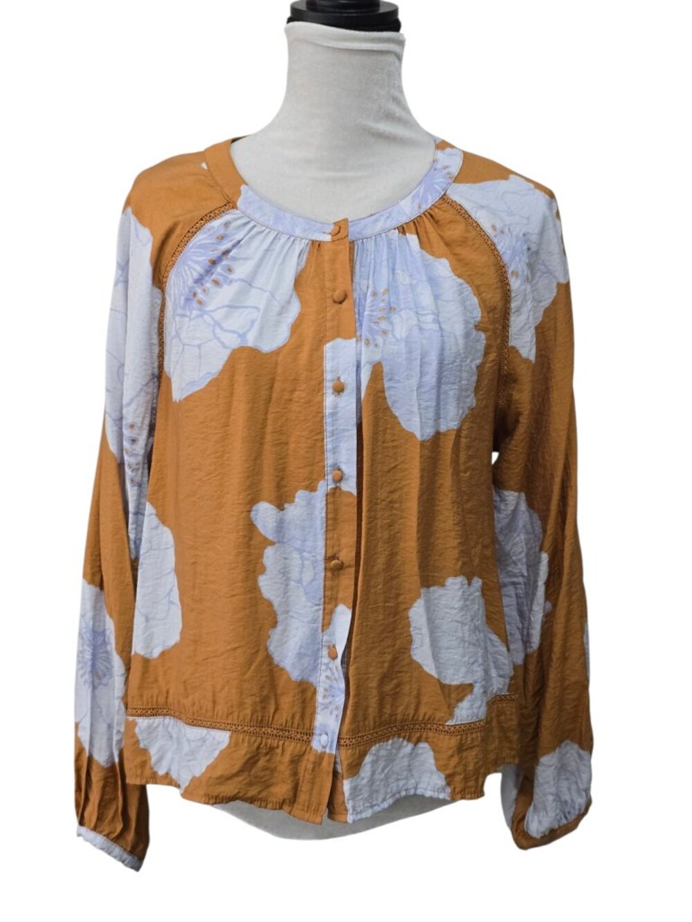 Rose & Olive Women's Golden Orange & Lilac Floral Button Down Boho Blouse Large